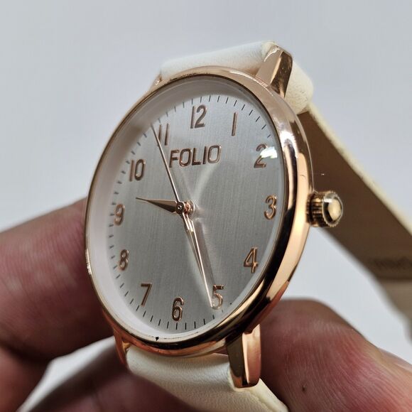 Folio Women's Watch 32MM Light Gray Dial Cream Faux Leather Bands New Battery - Picture 3 of 14